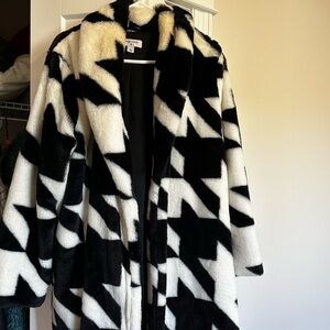 Black and White Geometric Faux Fur Coat